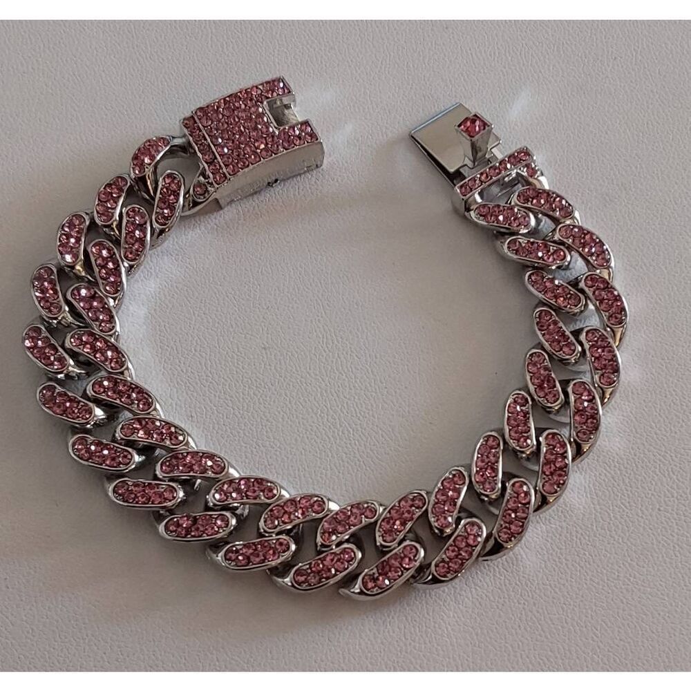 New~Trendy Goth Silver Bling Pink Pave Rhinestone Cuban Link Bracelet